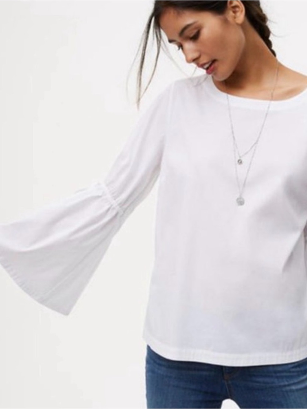 LOFT Shirt Womens Small White Bell Sleeve Peasant Tunic Top Boho Tie Back